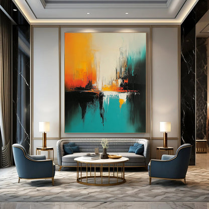 Impressionistic abstract painting featuring turquoise and black brush strokes with white space and vibrant orange and yellow hues creating a nature-inspired immersive experience. DLZ0541