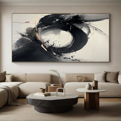 Black, White, Gray, Splattered Circle "Ink Blot Symphony" Abstract Expressionist Painting On Canvas HB105