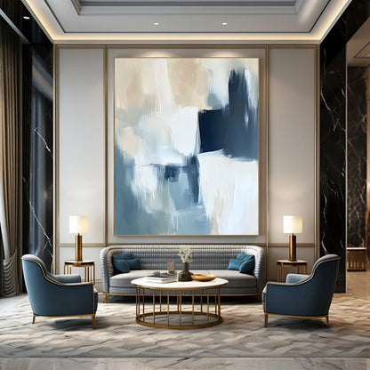Contemporary abstract painting in soft blue and white with bold brush strokes and subtle black accents, showcasing a minimalist atmosphere and gentle edges. DLZ0529