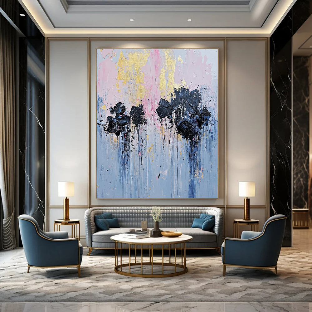 Contemporary hand-painted abstract artwork featuring textured black flowers in an urban setting with pale pink and blue tones and gold leaf accents. DLZ0477