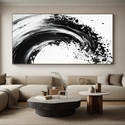 Black, White, Wave - Like Ink Splash "Ink Wave Symphony" Abstract Expressionist Painting On Canvas HB134