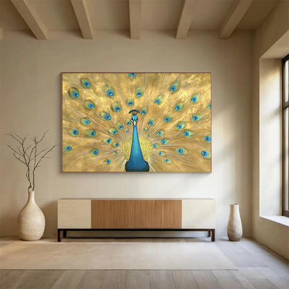 “Golden Peacock Display” - Gold, Blue, Green, Ornate Animal Painting On Canvas HB0687