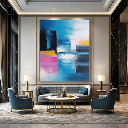 Modern abstract artwork features vibrant blue and pink brushstrokes, showcasing a contemporary cityscape against a soft sky and serene sea. DLZ0348