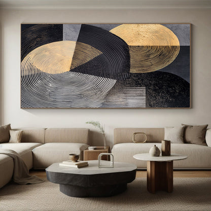 Gray, Black, Gold and Silver Geometric Abstraction "Elegant Geometry" Painting On Canvas HB385