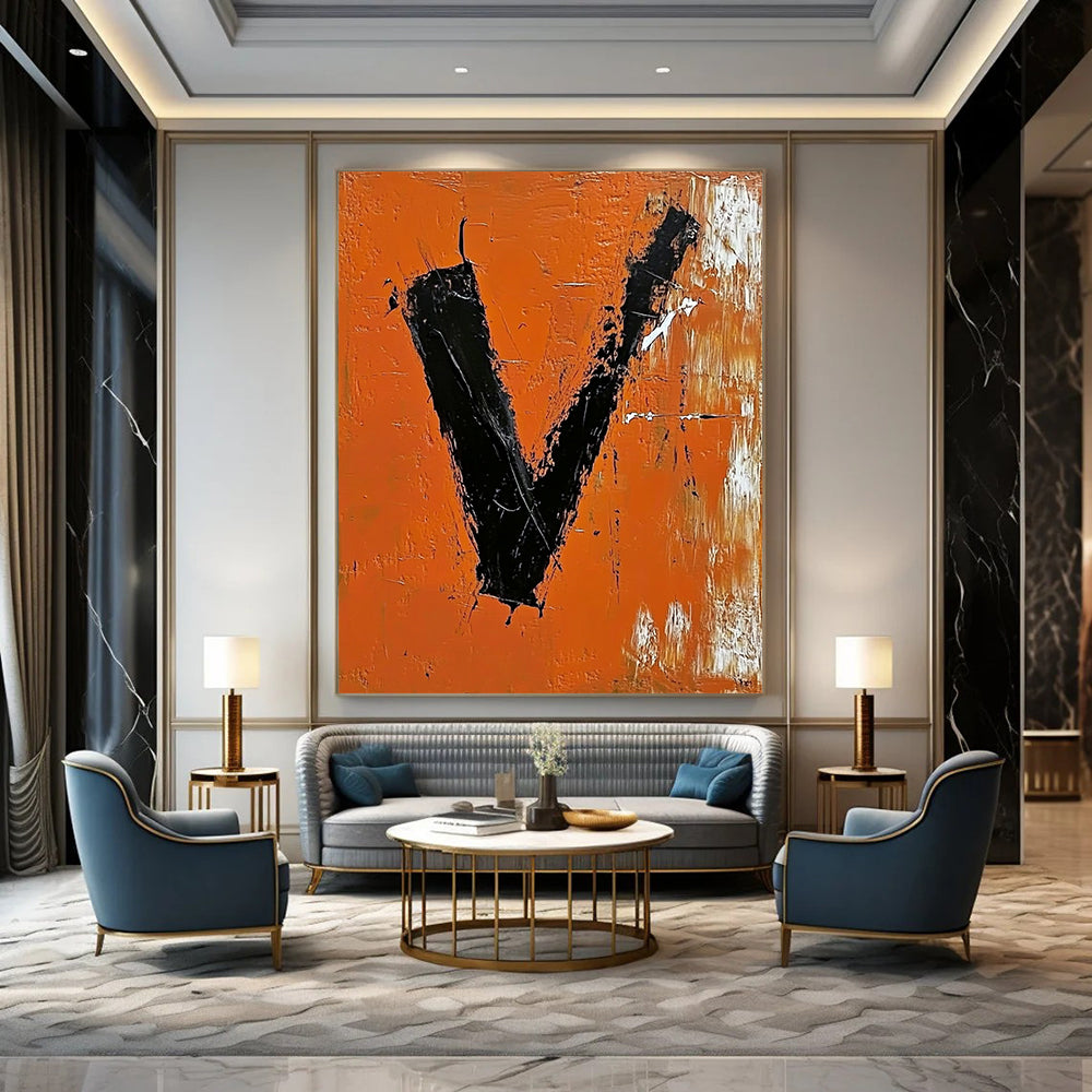 Contemporary abstract artwork featuring bold black "V" on vibrant orange background with expressive brush strokes and palette knife technique. DLZ1324