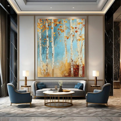 Contemporary abstract painting featuring a tranquil birch forest with autumn hues in soft blues and golds, adding warmth to your space. DLZ1456