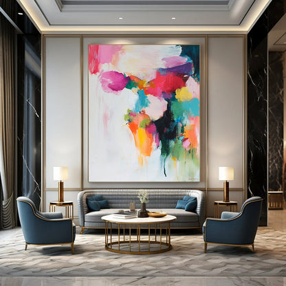 Contemporary abstract painting features soft colors in brush strokes and shapes on a white background with pinks reds greens yellows and blues. DLZ0687