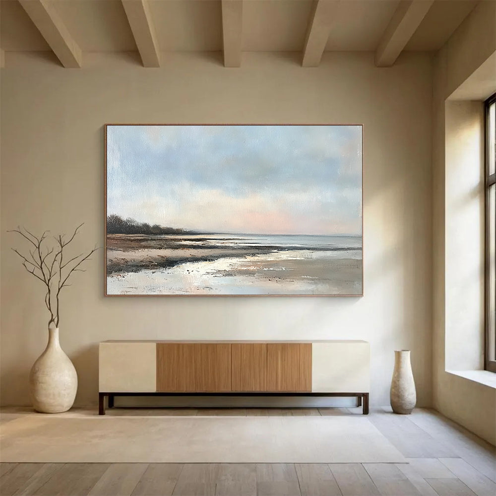 “Serene Coastal Shore” - Blues, Browns, Whites, Beach Scene - Realist Oil Painting HB1594