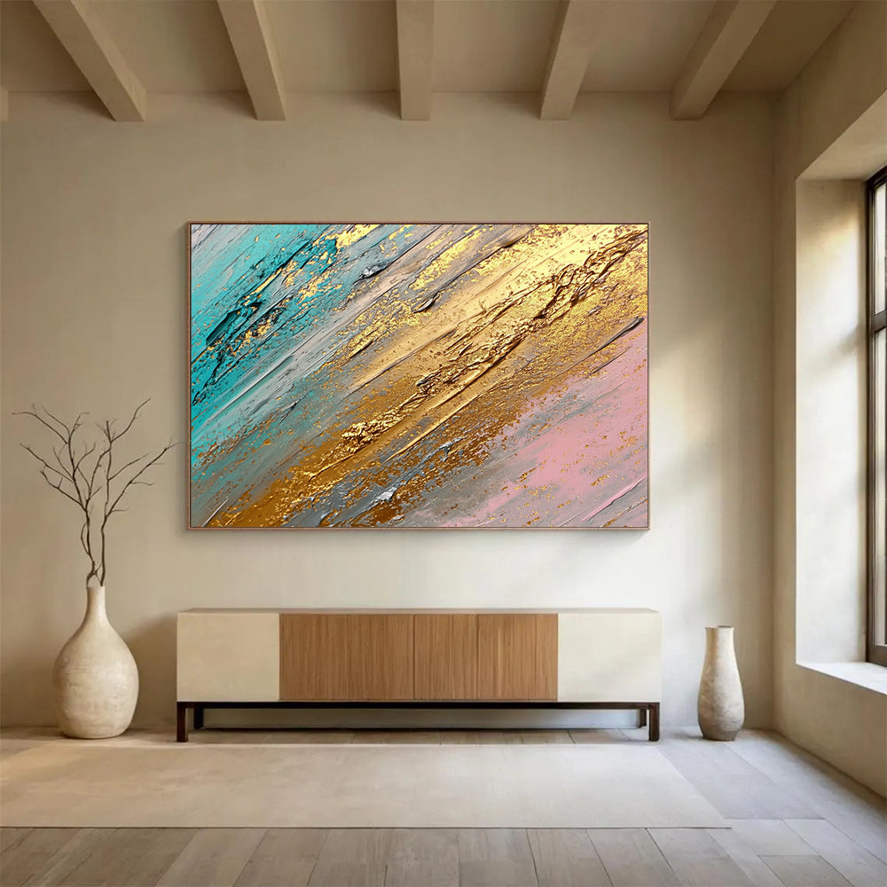 “Teal and Gold Textures” - Teal, Gold, Gray, Pink, Layered Textures - Abstract Impasto Acrylic Painting HB1548