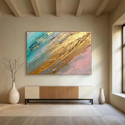 “Teal and Gold Textures” - Teal, Gold, Gray, Pink, Layered Textures - Abstract Impasto Acrylic Painting HB1548