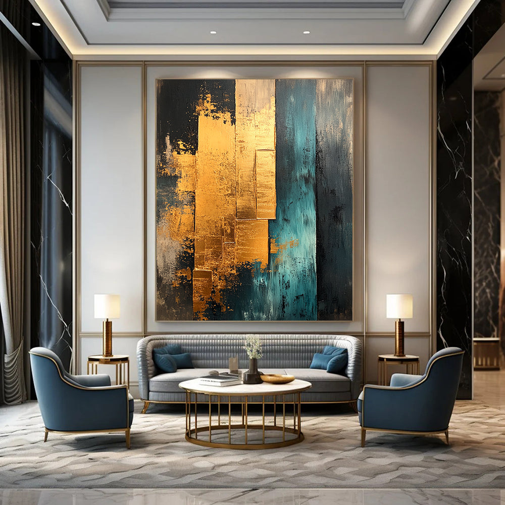 Contemporary abstract painting features gold teal and beige with gold foil edges showcasing layered architectural elements for unique texture and depth. DLZ0851