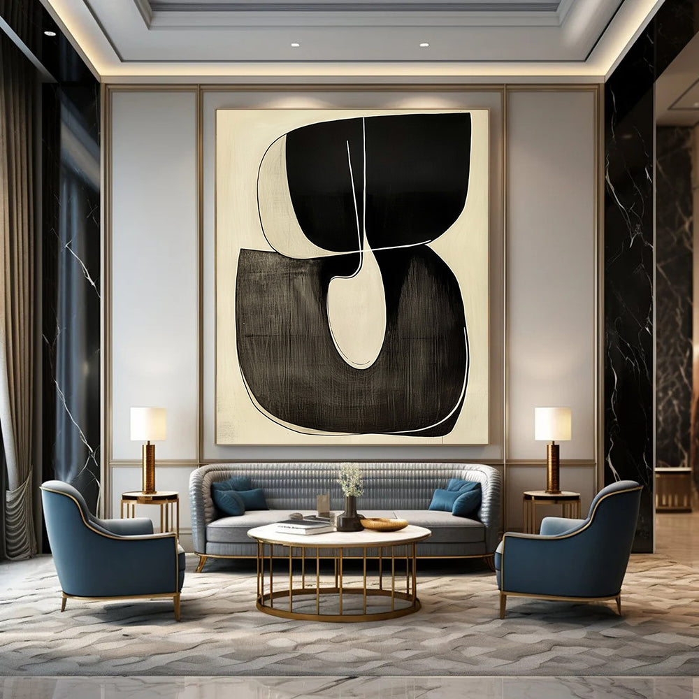 Contemporary hand-painted abstract art featuring a looping R shape outlined in white against a minimalist black and white background. DLZ1341