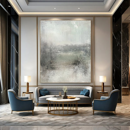 Large contemporary abstract painting featuring soft gray and subtle green hues, textured canvas evokes tranquility and nostalgia in a serene landscape. DLZ0871