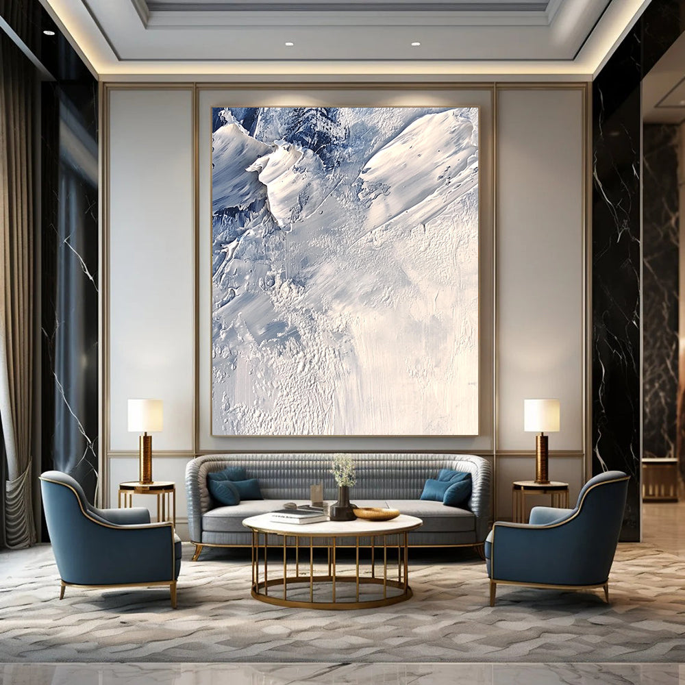 Contemporary abstract artwork features textured ice layers in shades of white and gray, evoking a cold atmosphere with intricate impasto details. DLZ0805