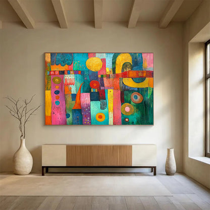 “Vibrant Colorful Mosaic” - Pink, Blue, Yellow, Mixed Patterns - Folk - Inspired Acrylic Painting HB1521