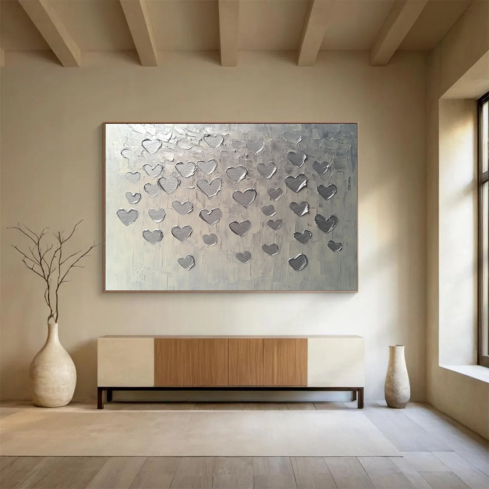 “Textured Silver Hearts” - Silver, Gray, Raised Heart Shapes - Textured Acrylic Painting HB1670