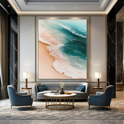Contemporary hand-painted abstract artwork featuring a sandy beach with gentle waves in light pink and turquoise tones, evoking nature's serene beauty. DLZ1222