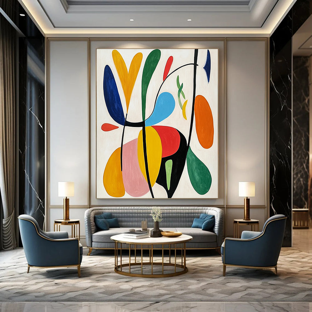 Large contemporary hand-painted abstract art featuring bright colors, organic forms, and simple lines on a white background, inspired by Matisse’s style. DLZ1271