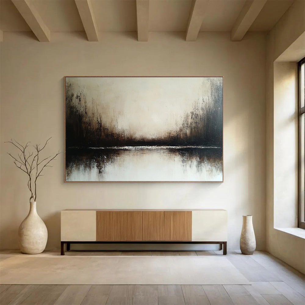 “Misty Landscape in Neutral Tones” - Beige, brown, white; Abstract misty landscape with a reflective body of water; Soft Oil Painting On Canvas HB1203