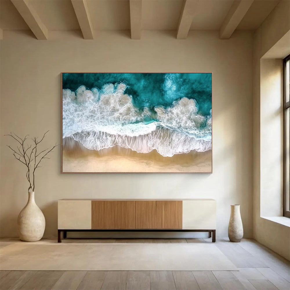 “Aerial Ocean Waves” - Turquoise, Whites, Browns, Aerial View of Ocean Waves on Beach - Photography Art HB1761