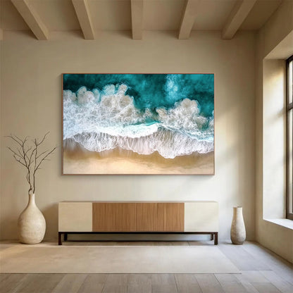 “Aerial Ocean Waves” - Turquoise, Whites, Browns, Aerial View of Ocean Waves on Beach - Photography Art HB1761