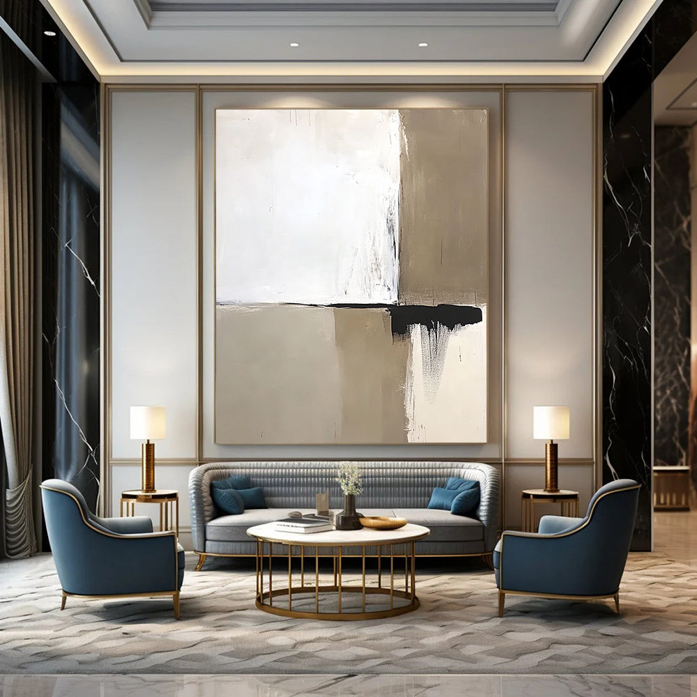 Contemporary abstract artwork featuring neutral white and beige tones accented by bold black brushstrokes simple shapes and clean lines. DLZ1604