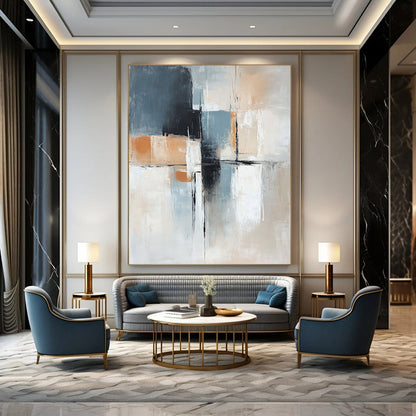 Large contemporary hand-painted abstract artwork in blue beige and grey with black lines soft white shapes and an orange accent in a minimalist style. DLZ1044