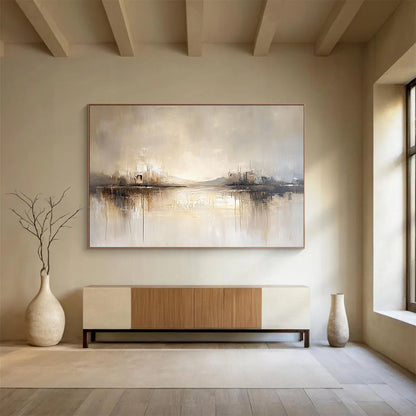 “Neutral Lake Reflection” - Beige, Gray, Subtle Peaks and Reflective Lake Painting On Canvas HB0931