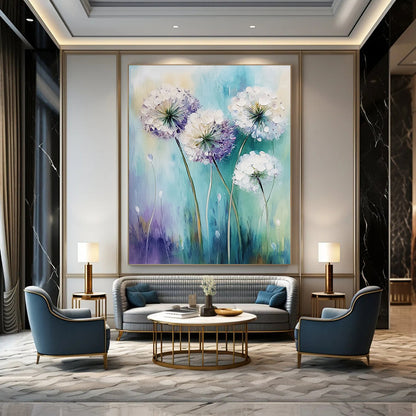 Contemporary abstract art featuring white alliums swaying in the wind with soft pale purple and teal hues in a gentle focus style. DLZ1730