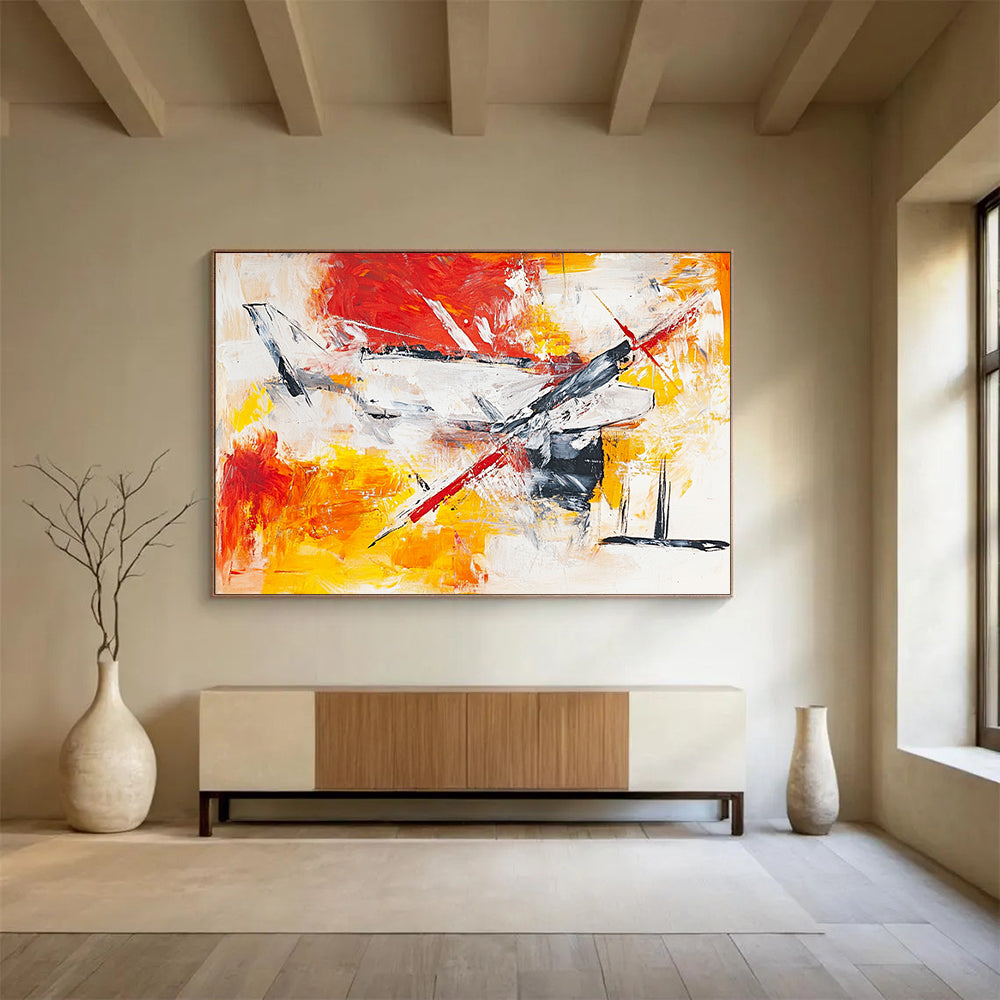 “Dynamic Aircraft Abstract” - Red, Yellow, White, Gray with Energetic Strokes - Painting On Canvas HB1371