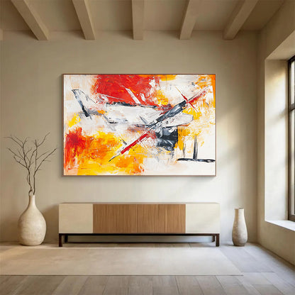 “Dynamic Aircraft Abstract” - Red, Yellow, White, Gray with Energetic Strokes - Painting On Canvas HB1371
