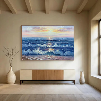 Sunset Sea Wave Oil Painting - Coastal Living Room or Bedroom Art DLZ218