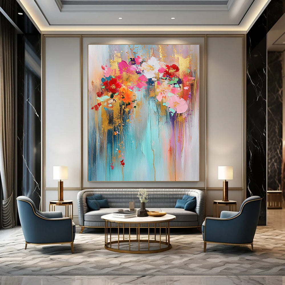 Contemporary abstract art featuring gold leaf bright colors light blue background pink and red flowers golden glitter delicate strokes and dreamy atmosphere. DLZ0742