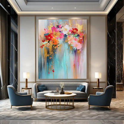 Contemporary abstract art featuring gold leaf bright colors light blue background pink and red flowers golden glitter delicate strokes and dreamy atmosphere. DLZ0742