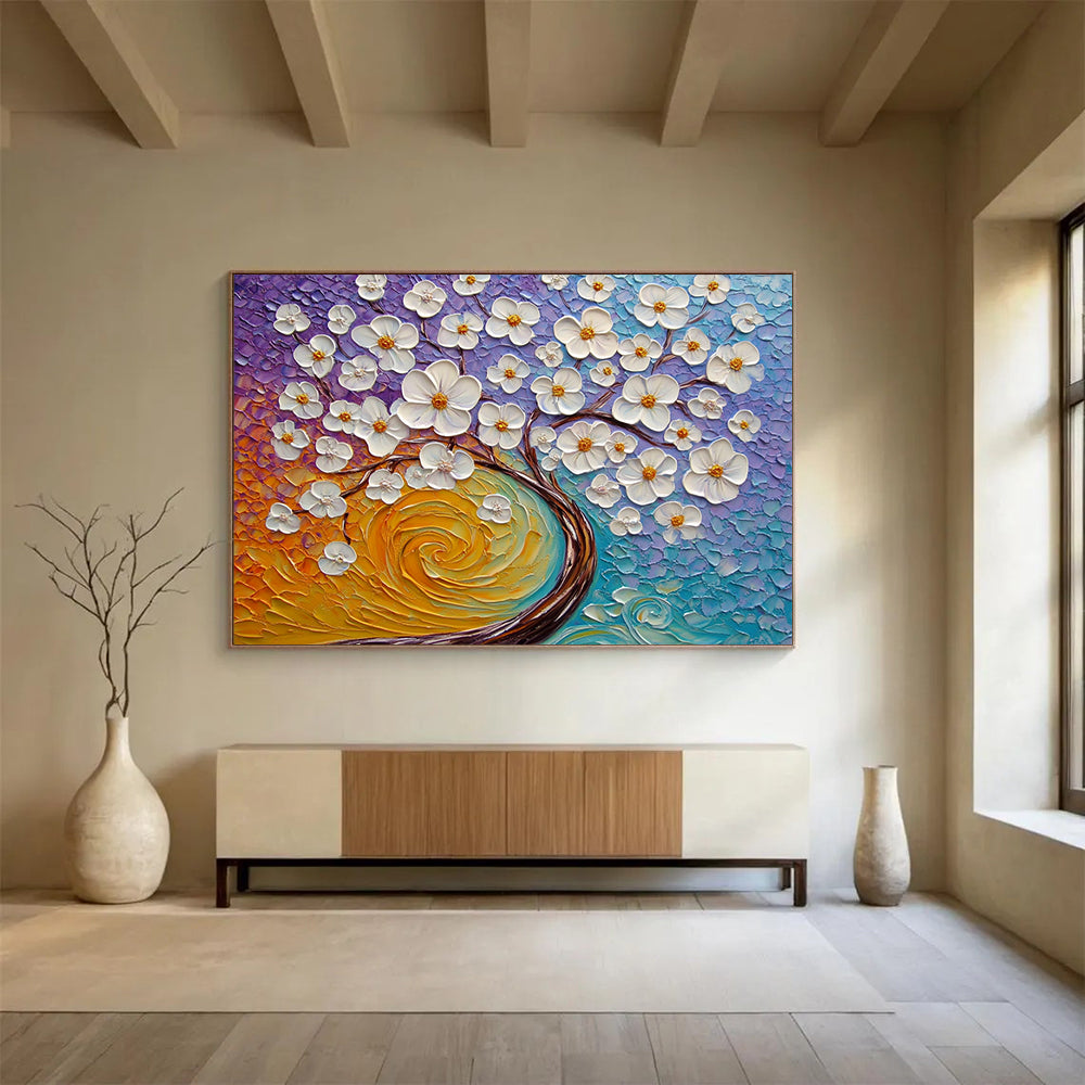 “3D White Flowers on Colorful Textured Background” - Purple, Blue, Orange, White 3D Flowers - Textured Acrylic Painting HB1636