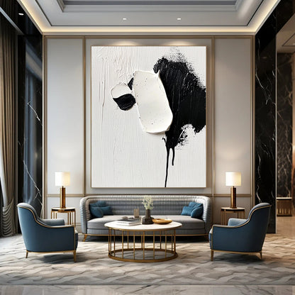 Contemporary hand-painted abstract art featuring a cute panda with detailed strokes of white and black on a minimalist background capturing softness and elegance. DLZ1737
