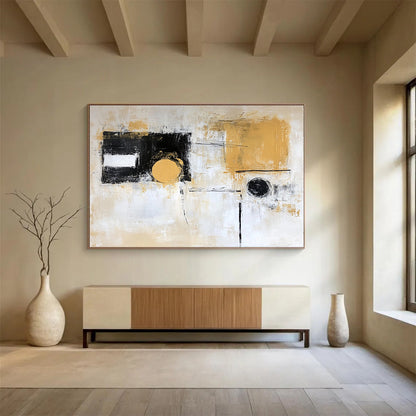 “Earthy Circles” - Beige, White, Black, Gold with Abstract Circles - Abstract Acrylic Painting HB1342