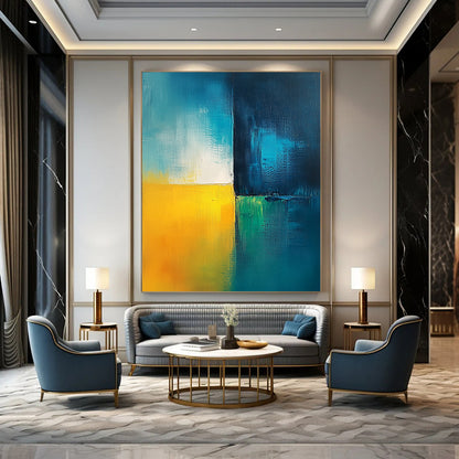 Contemporary abstract painting featuring calming blue green white and yellow hues with a light teal background and minimalist dark blue contrast bar. DLZ0355