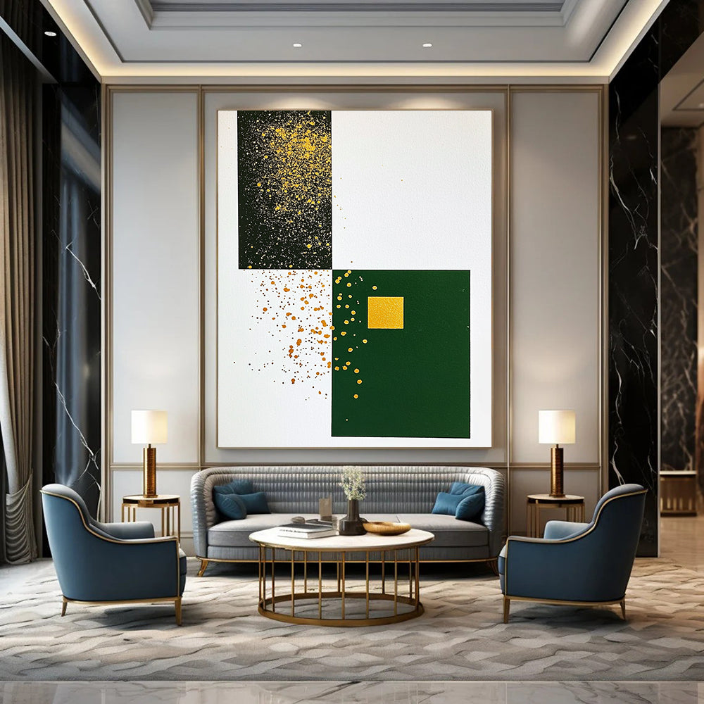 Contemporary abstract artwork featuring minimalist Japandi style with gold ink splatters on white paper and a dark green cardstock centerpiece. DLZ1613