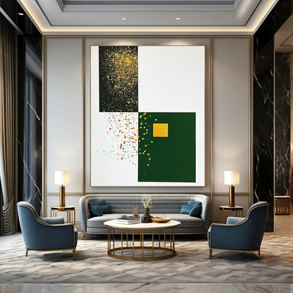 Contemporary abstract artwork featuring minimalist Japandi style with gold ink splatters on white paper and a dark green cardstock centerpiece. DLZ1613