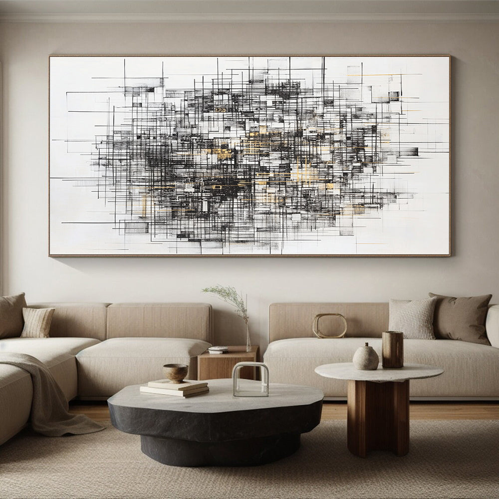Black, White, Gray, Gold, Intersecting Lines "Gilded Urban Web" Abstract Expressionist Painting On Canvas HB124