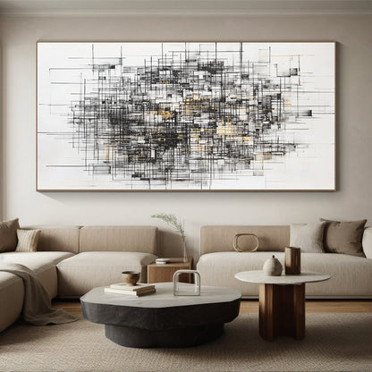 Black, White, Gray, Gold, Intersecting Lines "Gilded Urban Web" Abstract Expressionist Painting On Canvas HB124
