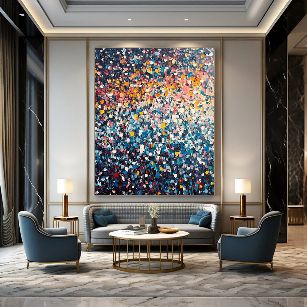 Vibrant contemporary hand-painted abstract artwork featuring a stunning array of tiny flowers in vivid colors against a dark clouded sky. DLZ1007