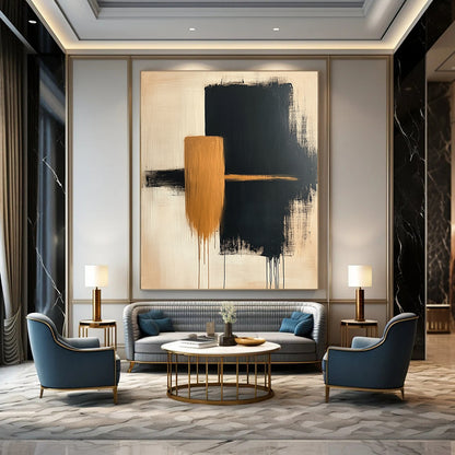Contemporary hand-painted abstract artwork featuring simple beige and black shapes on canvas with a textured finish. DLZ0533