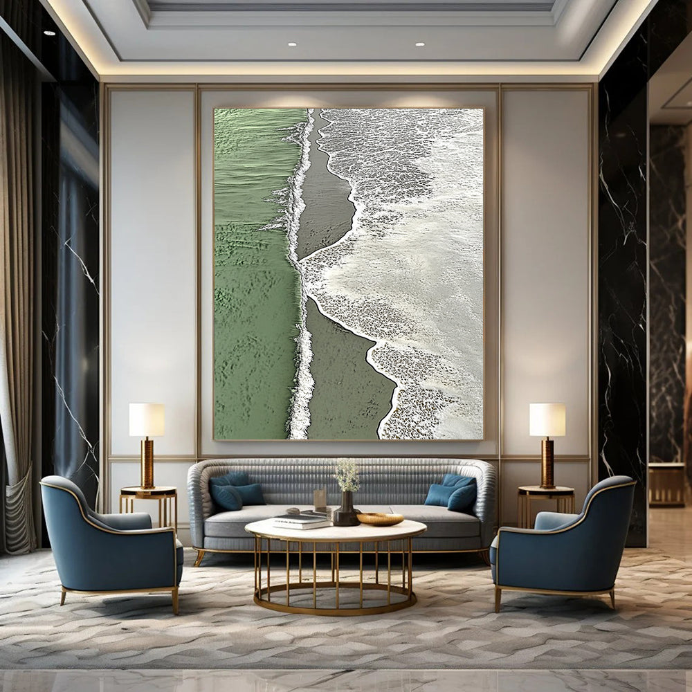 Contemporary large abstract painting depicting coastal harmony with vibrant waves and intricate patterns reflecting nature's serene beauty. DLZ1436