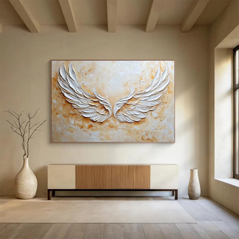 “3D White Angel Wings” - White, Beige, Textured 3D Wings Painting On Canvas HB0781