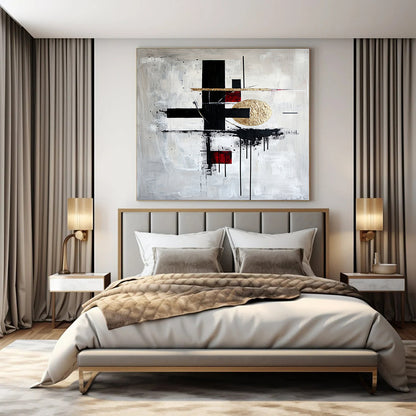 Black, White, Gold, Red with Bold Forms "Artistic Fusion" Abstract Painting On Canvas HB005