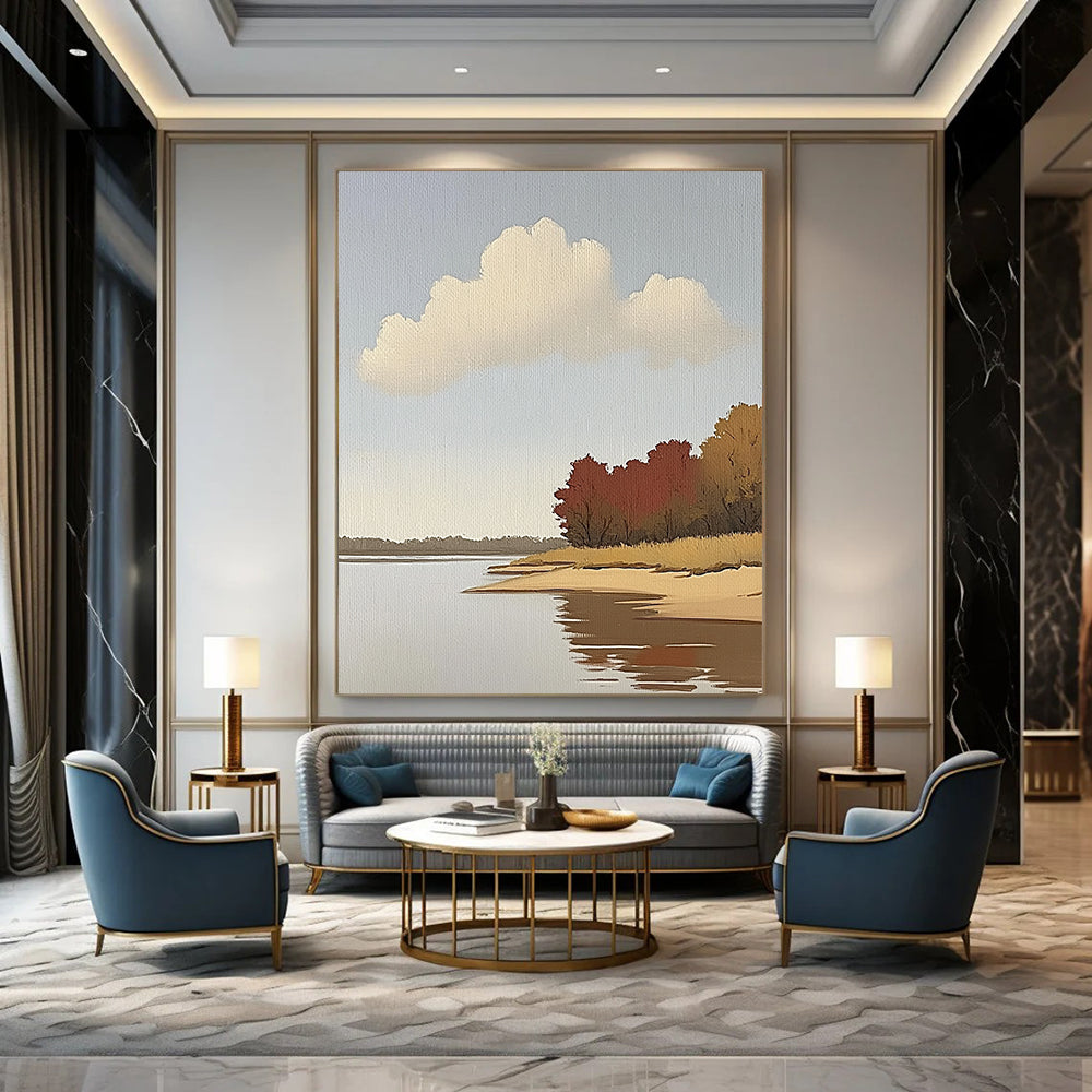Contemporary hand-painted abstract art featuring a serene river, autumn trees, and light colors on a large canvas, showcasing clear brush strokes and minimalism. DLZ1098