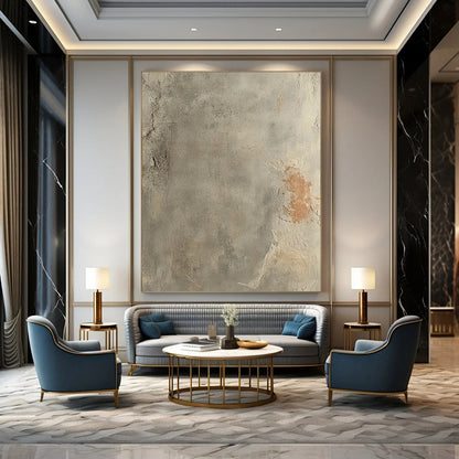 Contemporary hand-painted abstract art showcasing a textured gray concrete floor with rust accents and a soft gradient, emphasizing the beauty of aged surfaces. DLZ1485