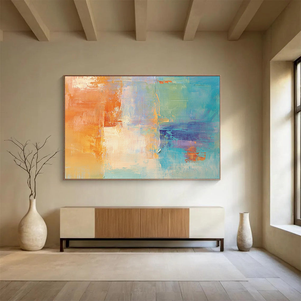 “Colorful Abstract Blend” - Orange, blue, purple, beige; Abstract color - block blend; Acrylic Painting On Canvas HB1276